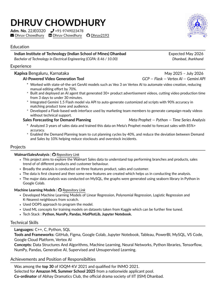 IIT Dhanbad Resume OnCampus ML | PDF | Machine Learning | Artificial ...