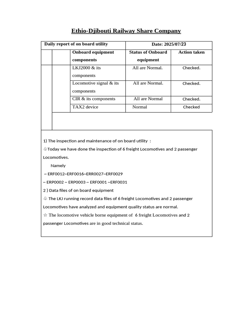 Daily Report of On Board Utility (23) | PDF