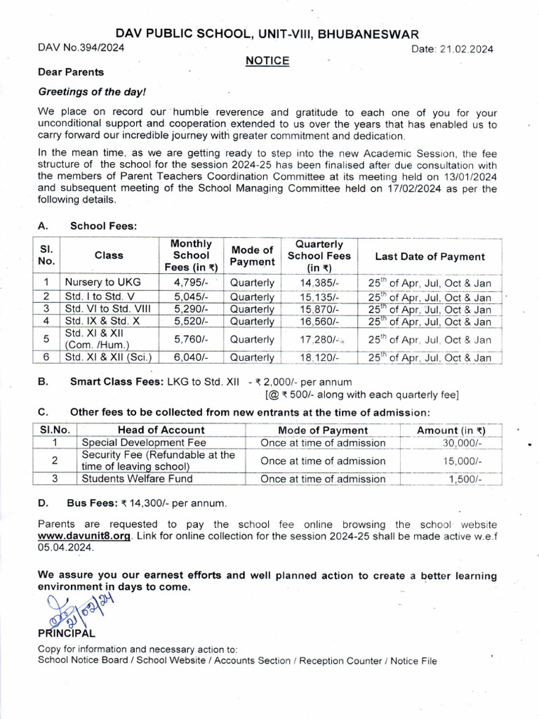 DAV School Bhubaneswar Fee Structure 2024-25 | PDF
