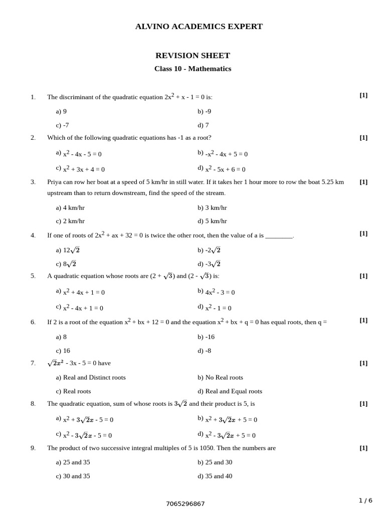 Class 10 Mathematics Revision Sheet | PDF | Quadratic Equation | Number ...