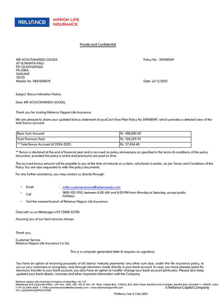 Bonus Statement for Policy No. 50968049 | PDF | Life Insurance | Insurance