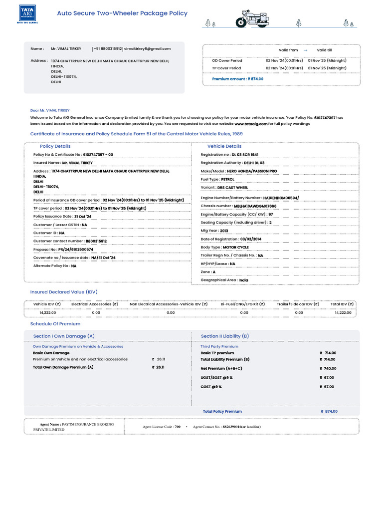 Certificate of Insurance and Policy Schedule Form 51 of The Central ...