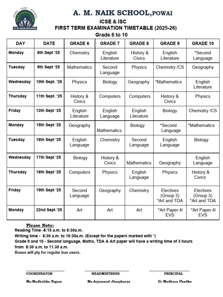 A.M. Naik School Term 1 Exam Timetable 2025-26 | PDF | Equations ...