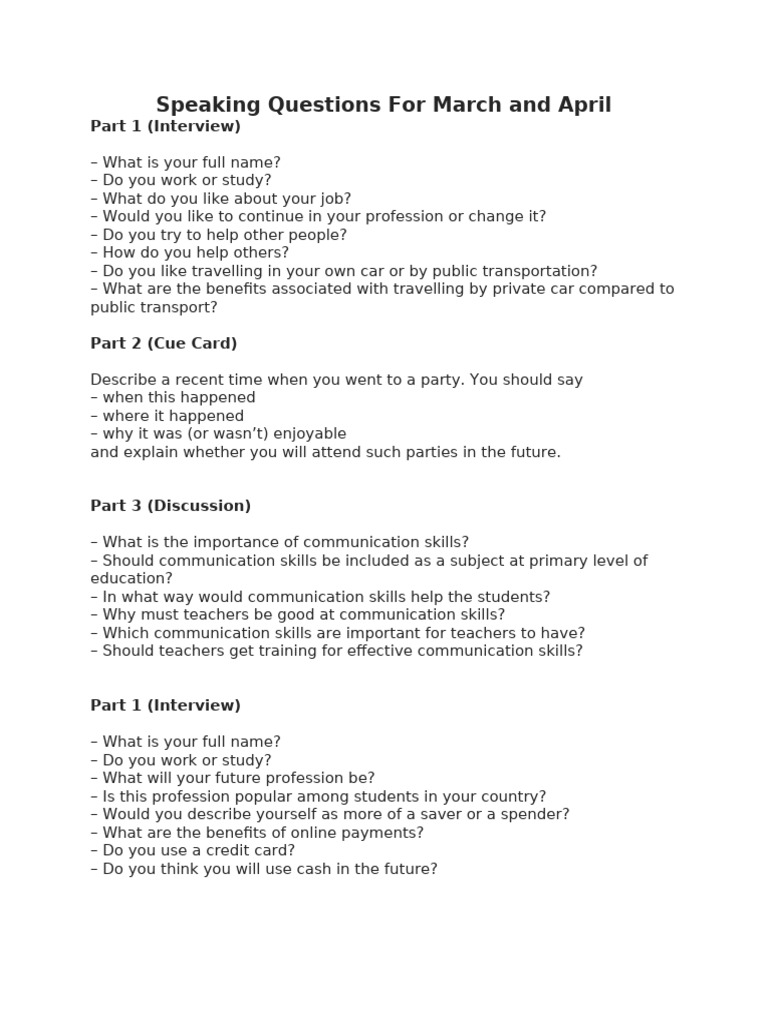 Speaking Questions for Interviews and Discussions | PDF | Communication ...