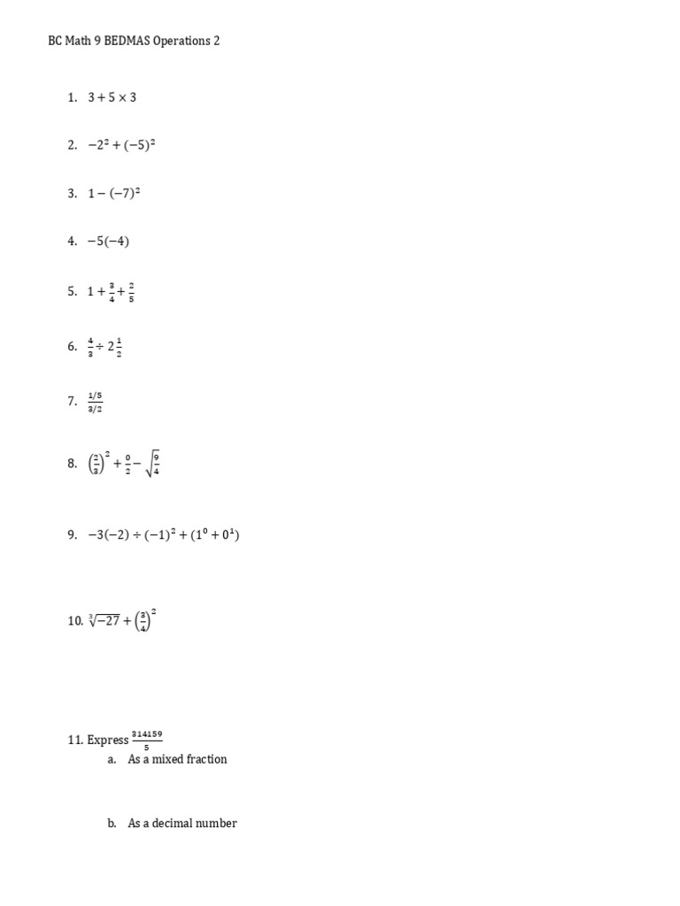 BC Math 9 BEDMAS Operations Exercises | PDF