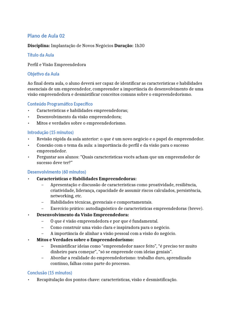 Plano Aula 02 | PDF | Empreendedorismo | Lição