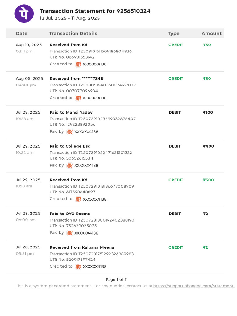Transaction Statement July-August 2025 | PDF | Debit Card | Credit Card