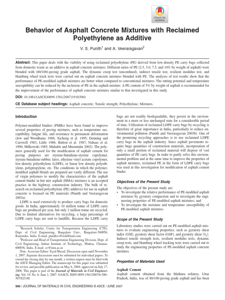 Behavior of Asphalt Concrete Mixtures With Reclaimed Polyethylene As ...