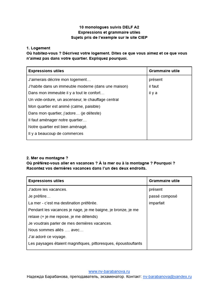 Monologues DELF A2 : 10 sujets clés | PDF