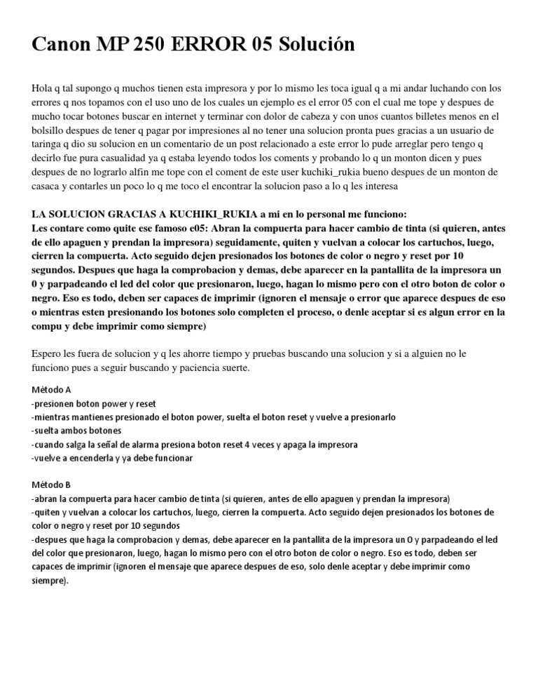 Canon MP 250 ERROR 05 Solución PDF Impresora Science