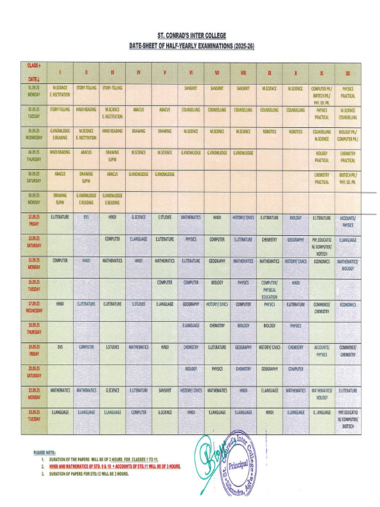Date Sheet - Half Yearly Examination 2025-26 | PDF