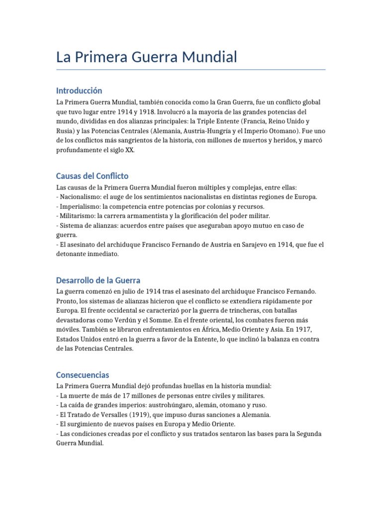 Causas y Consecuencias de la Primera Guerra Mundial | PDF