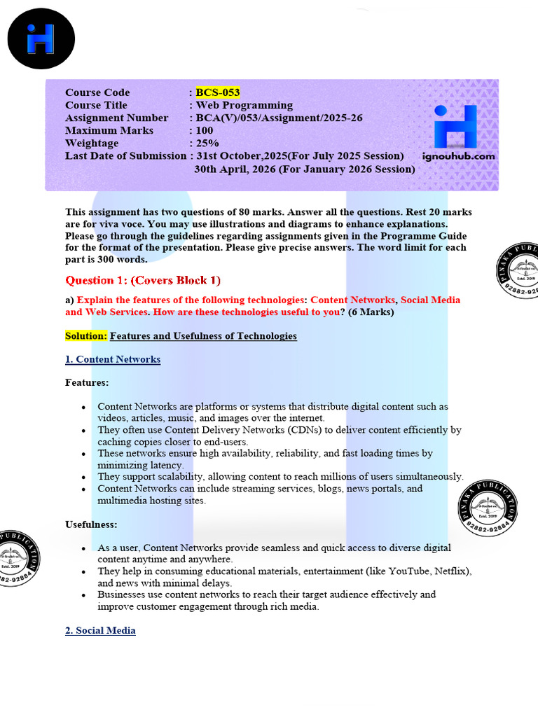 Web Programming Assignment BCS-053 | PDF | Web Service | Popular ...