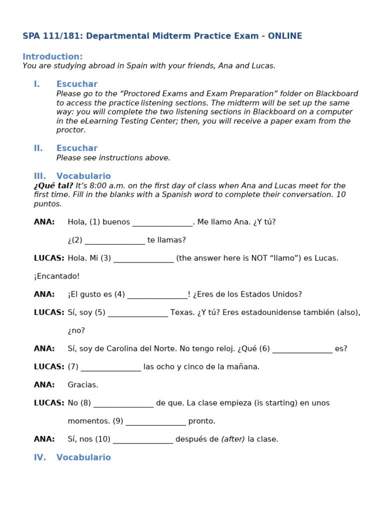 SPA111 Midterm Practice Exam Online | PDF