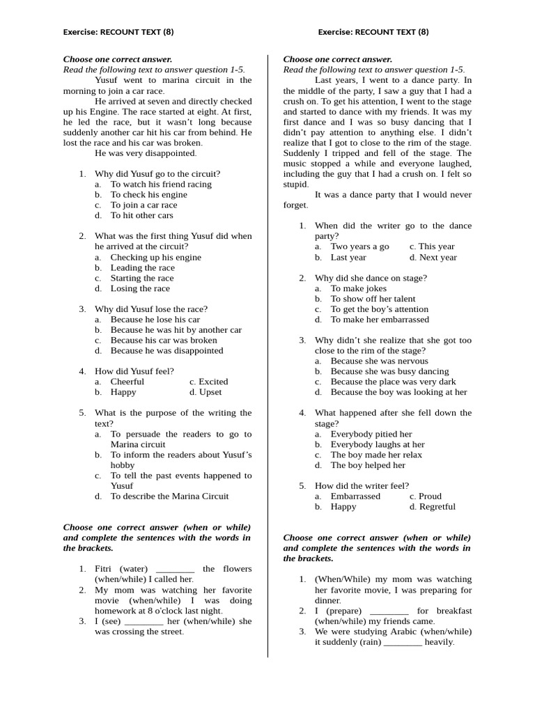 Recount Text Exercises for Grade 8 | PDF