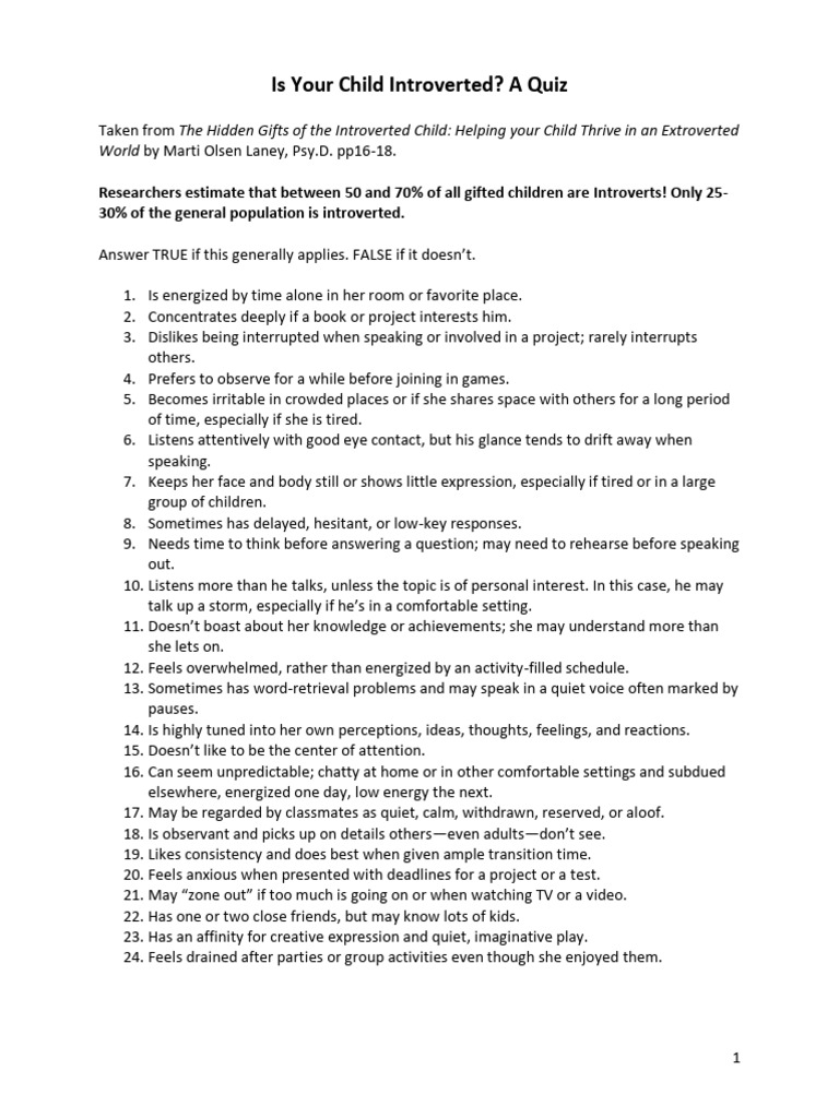 Introverted Child Quiz and Insights | PDF | Extraversion And ...