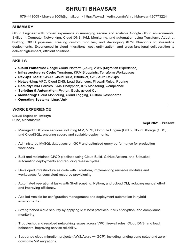 Cloud Engineer Profile: Shruti Bhavsar | PDF | Cloud Computing | System ...
