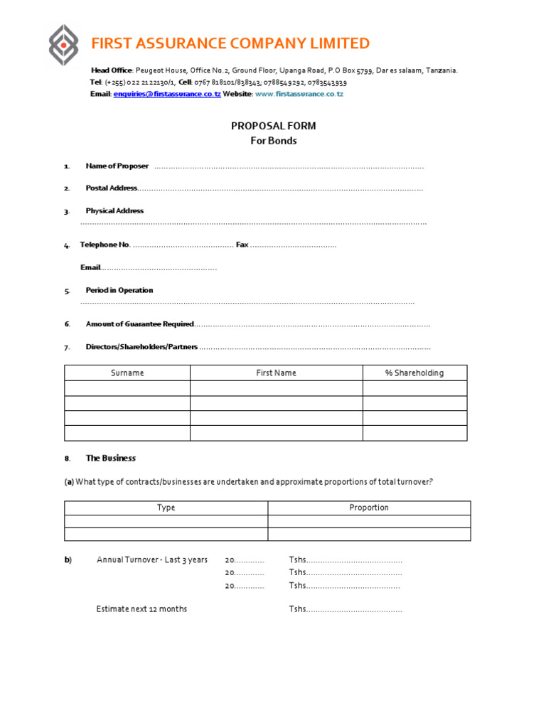 First Assurance Company Bond Proposal Form | PDF