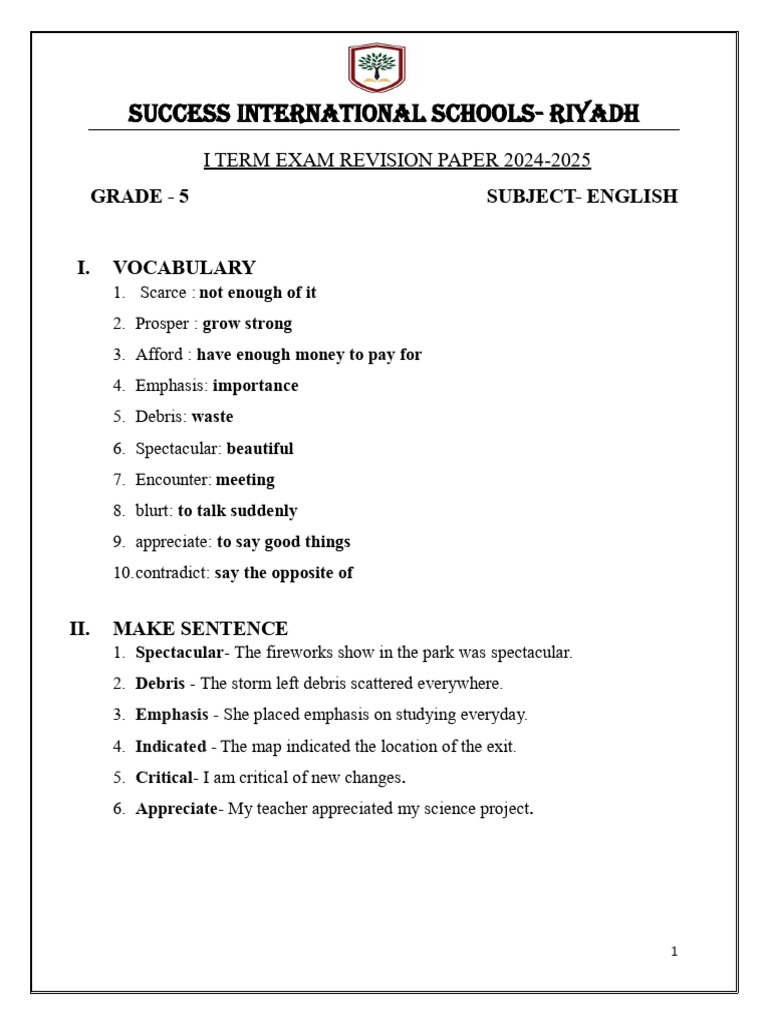 Grade 5 1st Term English Revision Paper 2024-2025 PG 1-3 | PDF