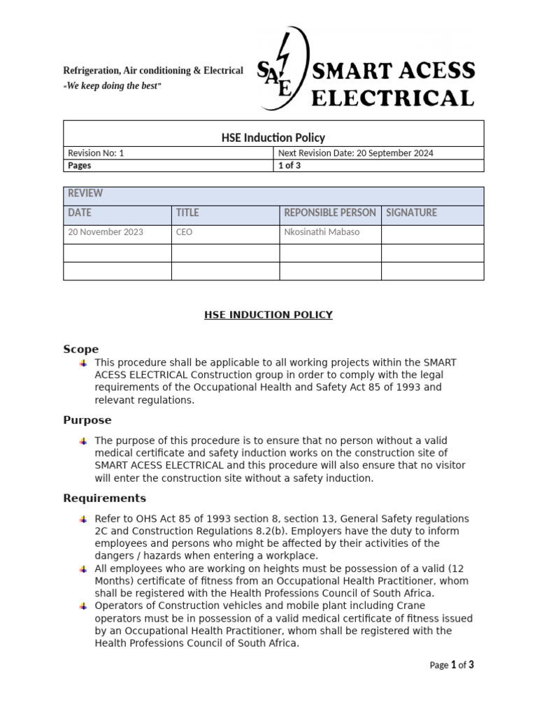 HSE Induction Policy Overview | PDF | Occupational Safety And Health ...