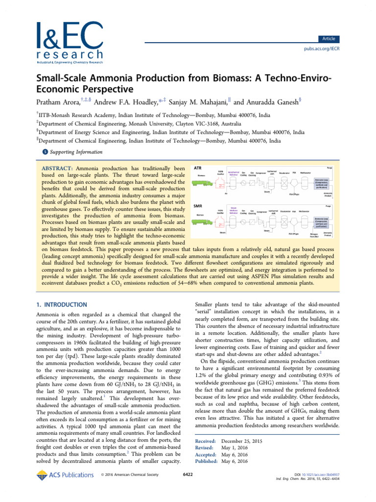 Arora Et Al 2016 Small Scale Ammonia Production From Biomass A Techno ...