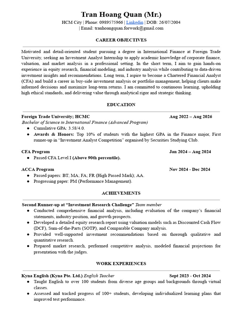 Tran Hoang Quan CV Viet Cap Securities | PDF | Valuation (Finance ...