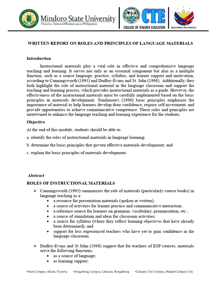 Roles and Principles of Language Materials | PDF | Learning | Second ...