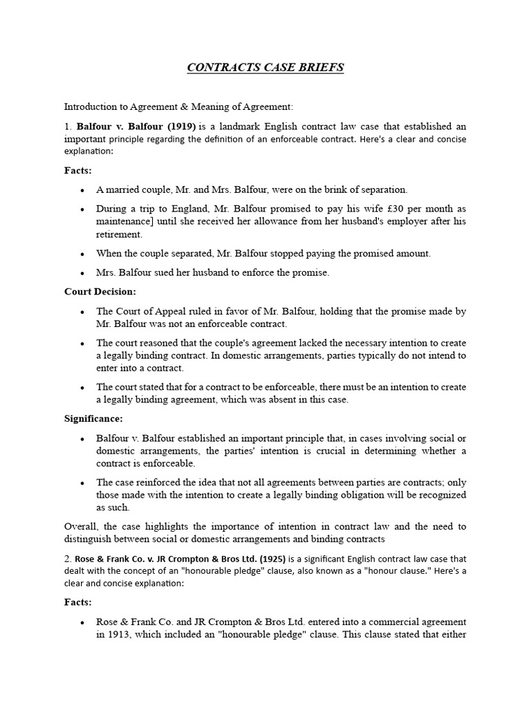 Key Contract Law Case Briefs | PDF | Breach Of Contract | Legal Concepts