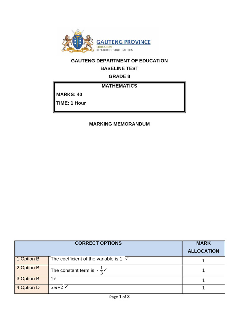 Grade 8 Mathematics Baseline Test | PDF | Elementary Geometry ...