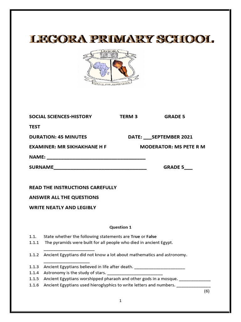 Grade 5 Ancient Egypt History Test | PDF | Ancient Egypt | Ancient ...
