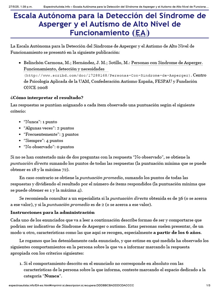 Escala para Detección de Asperger y Autismo | PDF | Síndrome de ...