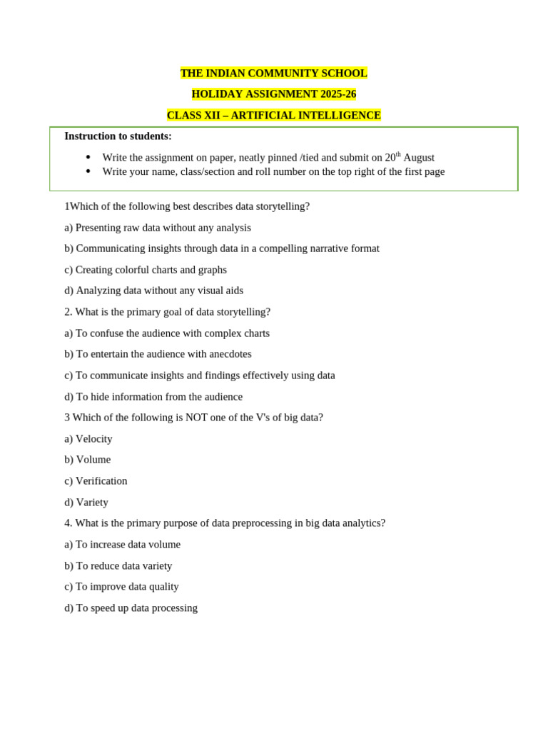 Class XII AI Holiday Assignment 2025-26 | PDF
