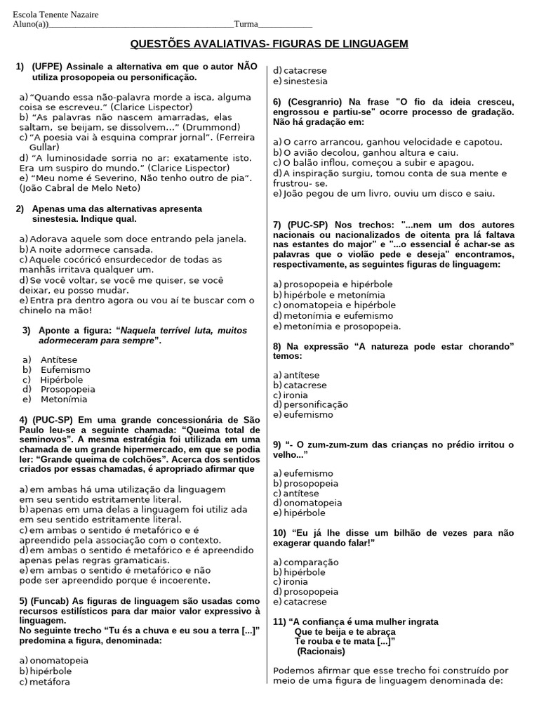 Questões sobre Figuras de Linguagem | PDF | Metáfora | Retórica
