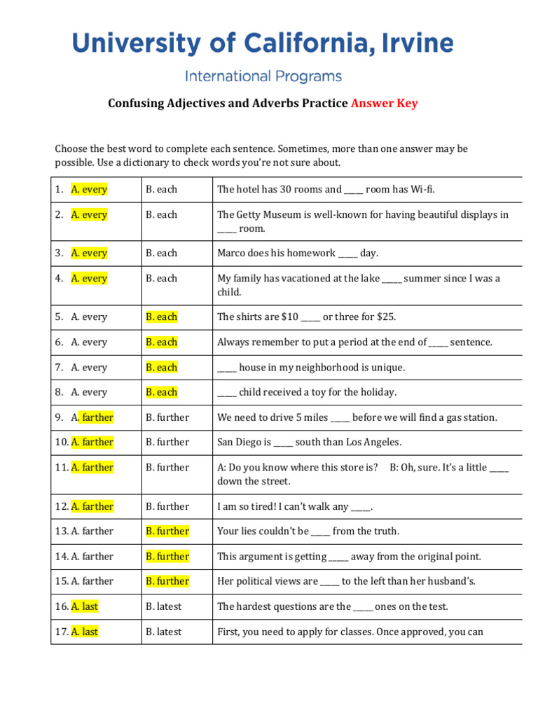 Confusing Adjectives and Adverbs Practice: Answer Key | PDF