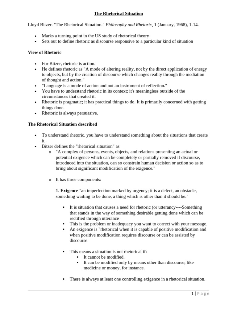 Bitzer's Rhetorical Situation Explained | PDF | Rhetoric | Human ...