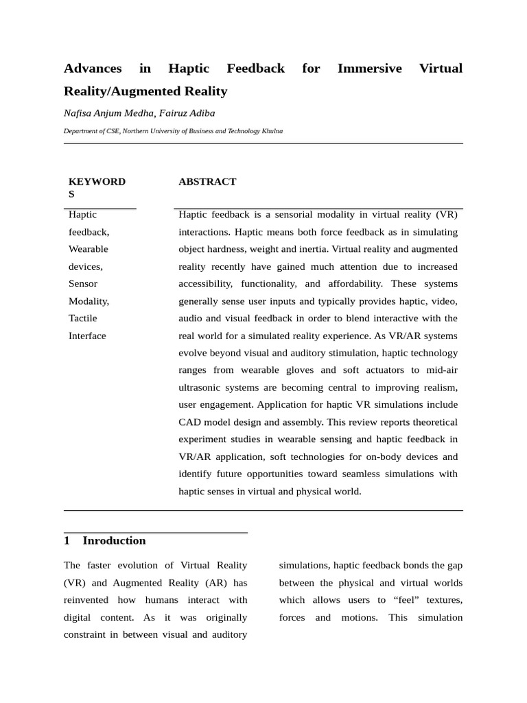 Haptic Feedback Advances in VR/AR | PDF | Virtual Reality ...