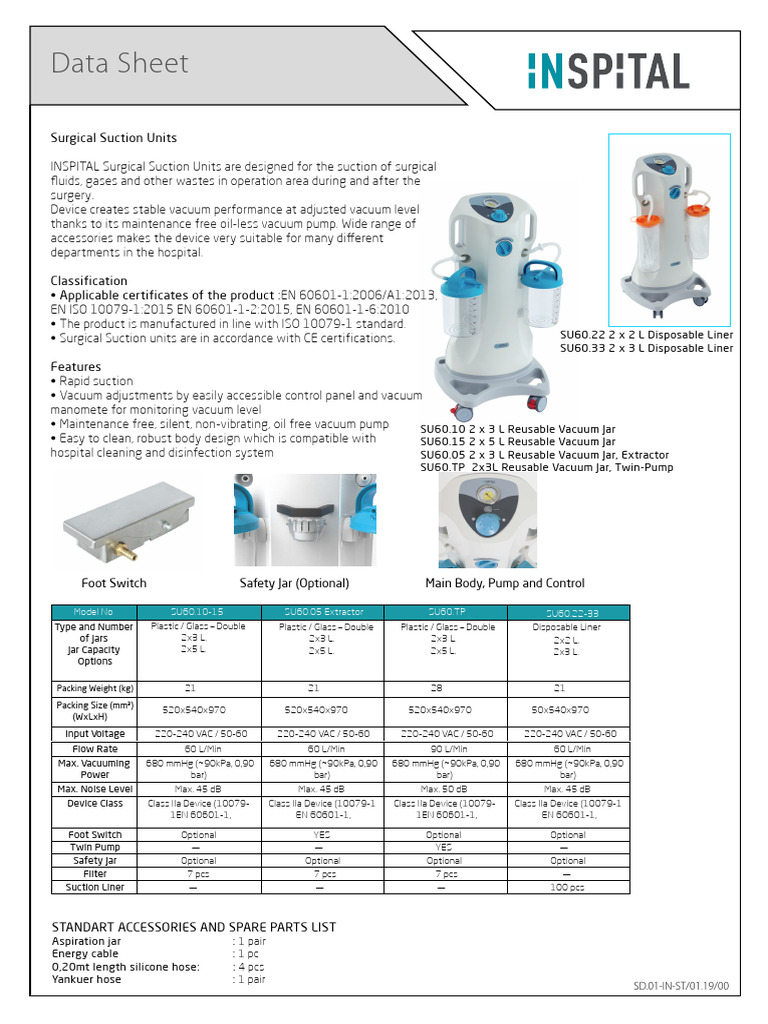 Surgical Suction Units Data Sheet | PDF | Vacuum | Pump