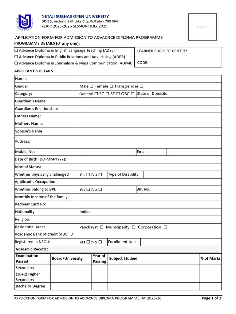 Advance Diploma Admission Form 2025-26 | PDF | Justice | Crime & Violence
