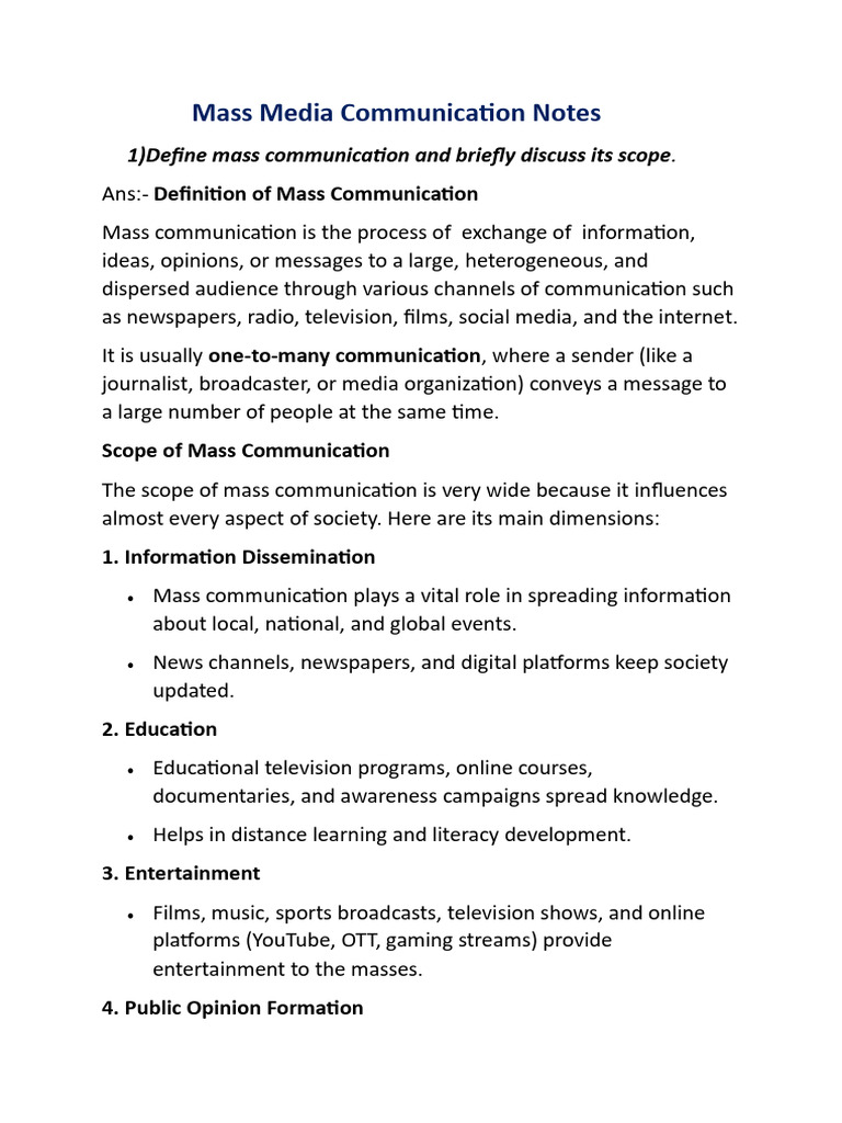 Mass Media Communication Overview | PDF | Communication | Human ...