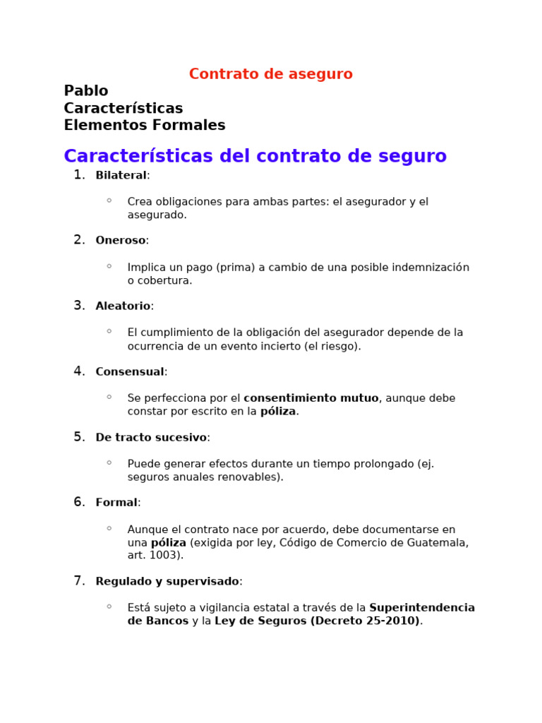 Elementos del Contrato de Seguro en Guatemala | PDF | Póliza de seguros ...