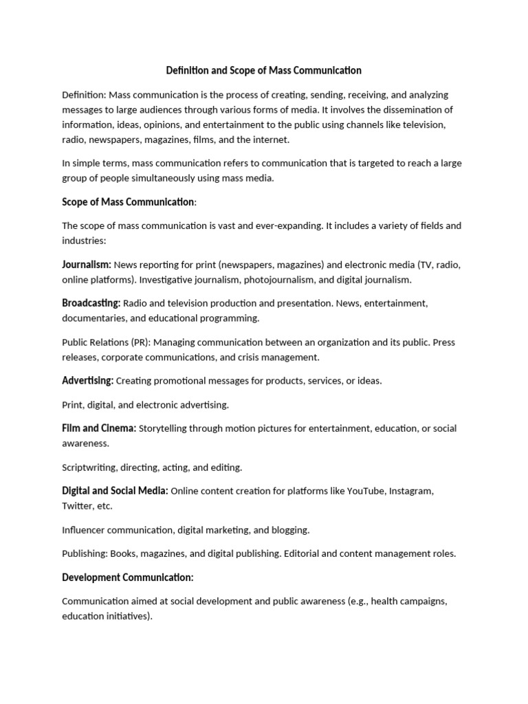 Understanding Mass Communication Scope | PDF | Mass Media | Communication