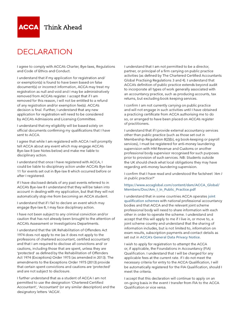 ACCA Registration Compliance Declaration | PDF | Justice | Crime & Violence