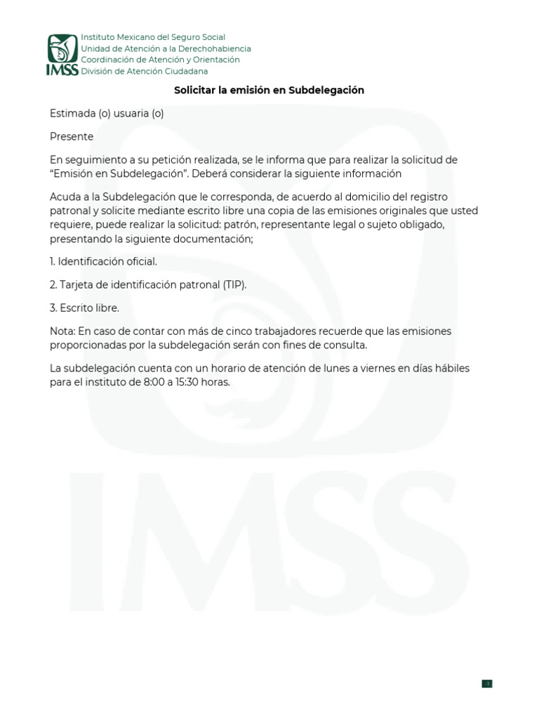 Solicitud de Emisión en Subdelegación IMSS | PDF