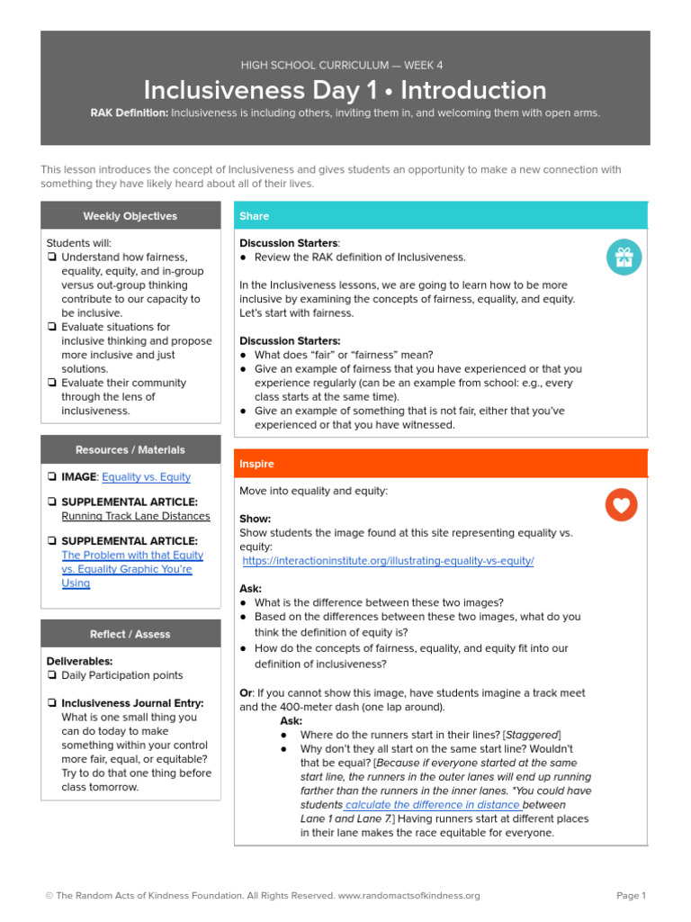 High School Inclusiveness Curriculum Week 4 | PDF