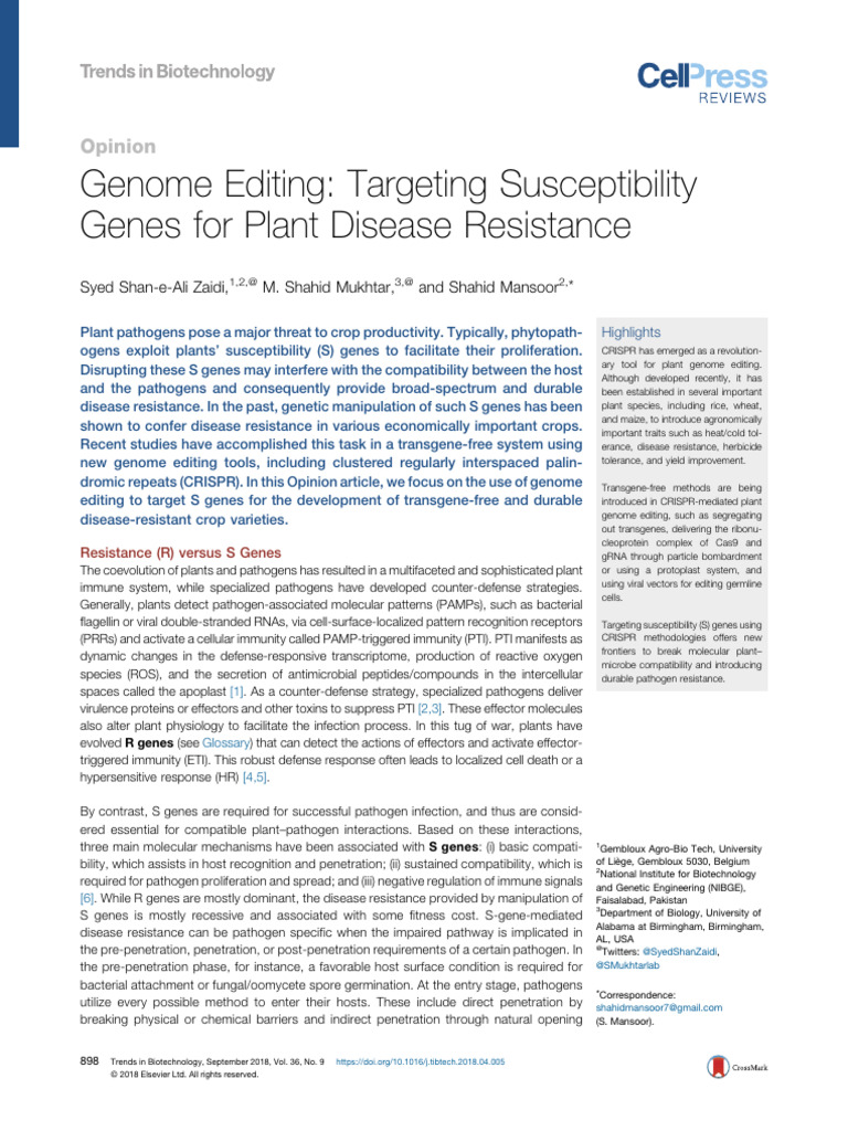 Genome Editing - Targeting Susceptibility Genes For Plant Disease ...