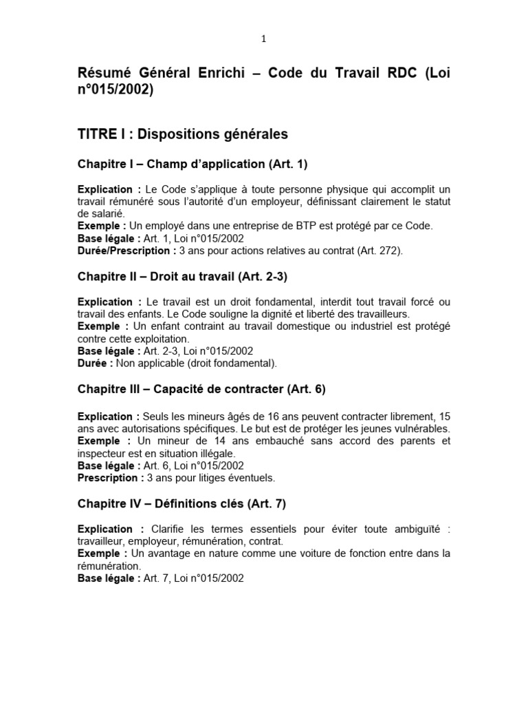 Code du Travail RDC : Dispositions Essentielles | PDF | Convention ...