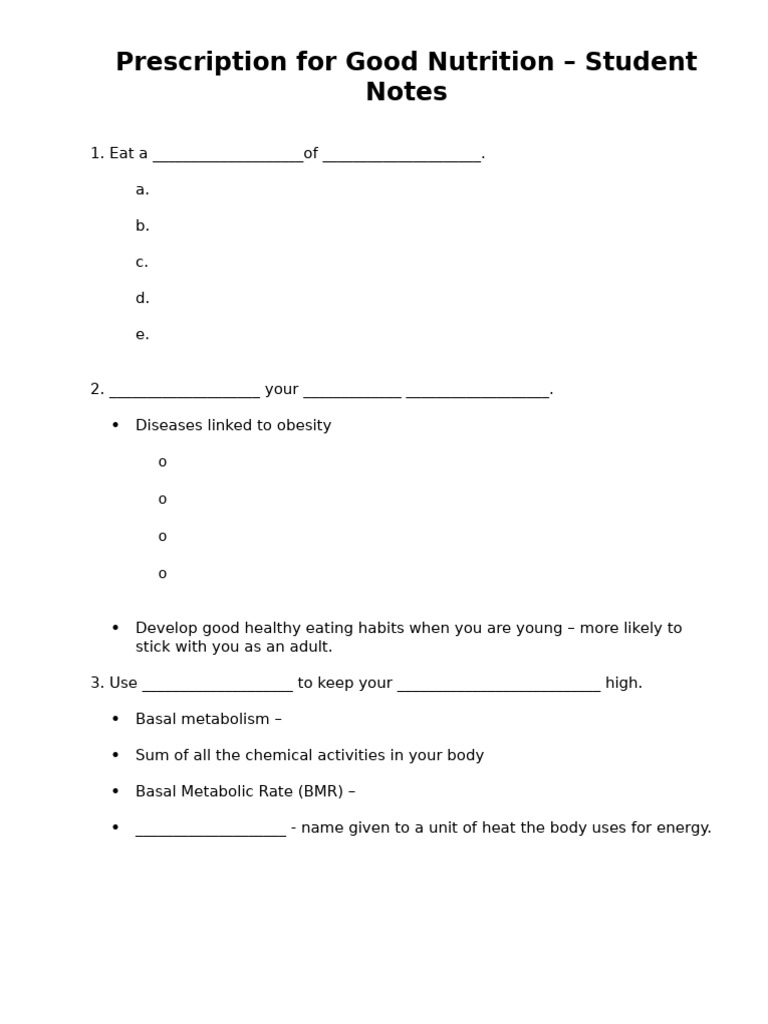 Prescription For Good Nutrition - Student Notes | PDF | Nutrition ...