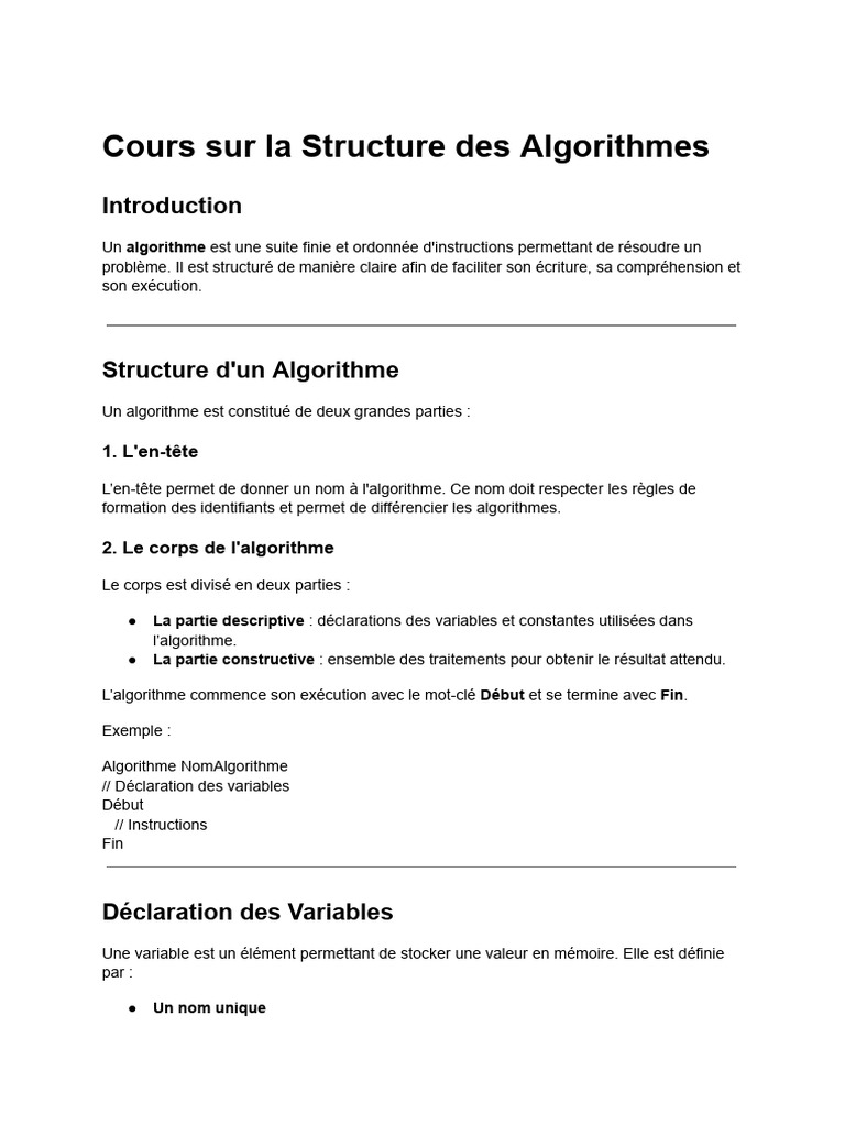 Structure des Algorithmes en Cours | PDF | Structure de contrôle ...