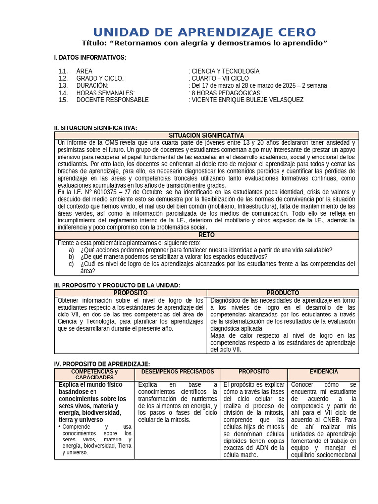 UNIDAD DE APRENDIZAJE CERO - 4to AÑO - CYT | PDF | Aprendizaje | Evaluación