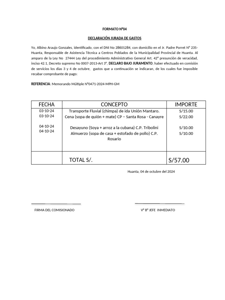 Declaración Jurada de Gastos 2024 | PDF | Comportamientos alimenticios ...